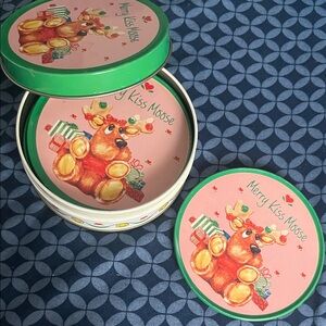 Vintage “Merry Kiss Moose” Christmas Tin Coaster Set